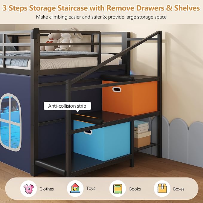 DICTAC Low Loft Bed with Slide,Storage Stairway and Led Lights Metal Twin Size Loft Bed with Under-Bed Play Space,Art Table & Play Curtain Twin Beds with 2 Drawers and 13.8''H Safety Guardrail,Black