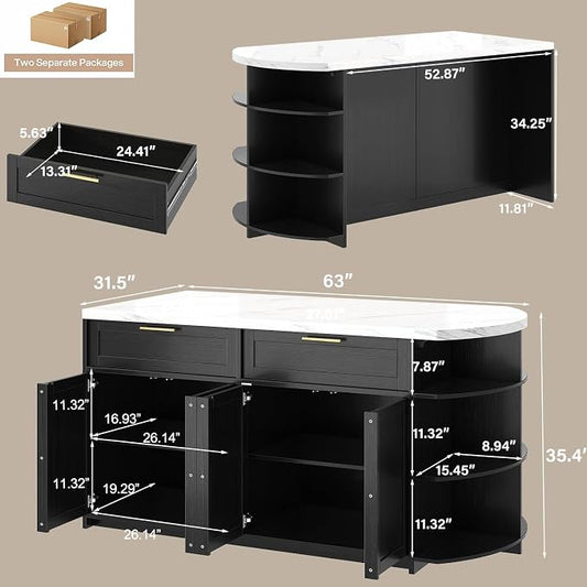 HSH 63” Large Kitchen Island with Seating, White Faux Marble Island Table with 2 Storage Drawers, Cabinets, 3 Open Shelves, Modern Counter Height Stationary Island Prep Table for Kitchen Dining Room
