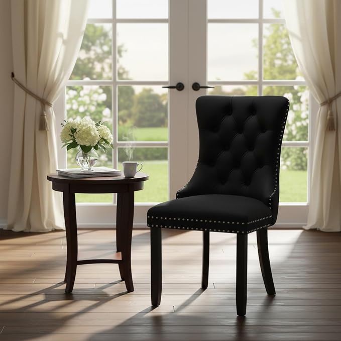 Single Black Dining Chair Mid Century Modern Dining Chair Velvet Upholstered Dining Room Chair Farmhouse Dining Accent Chair with High Back and Nailhead Trim for Kitchen, Living Room, Bedroom