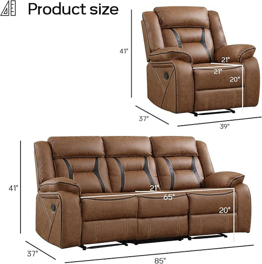 EBELLO Manual Recliner Sofa Set, Faux Leather Reclining Living Room Furniture Set, Included Single Recliner Chair and Manual Loveseat Sofa, Brown