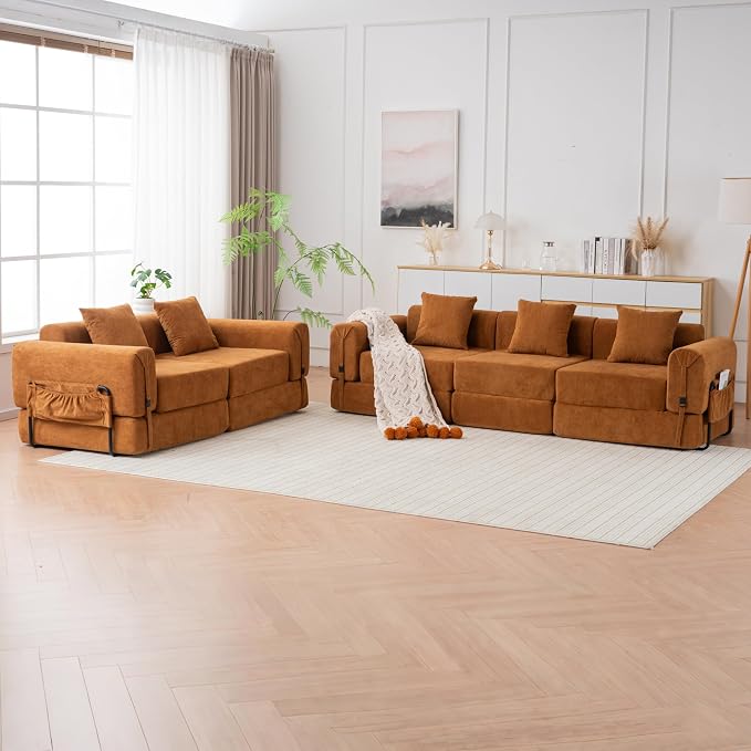 Cloud Modular Sectional Sofa, Foldable Floor Couch Bed, Convertible Sleeper Sofa Bed, Fold Out Boneless Couches for Living Room, Office, Guest Room, Apartment (3 Seater Couch, Orange)