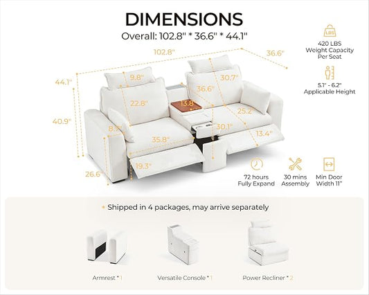 102.8'' Loveseat Power Recliner Sofa with Headrest, Oversized Cloud Modular Sectional Reclining Couch with Table, Storage Drawer, Charging, 2-Seater for RV Home Theater, Chenille, White