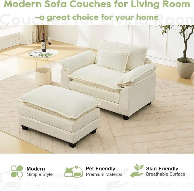 Oprisen 53" Modular Sectional Sofa, Comfy Cloud Couch Sectional Sofa with Ottoman, Chenille Sofa Sleeper Deep Seat Sofa with Throw Pillows for Living Room (Beige White)