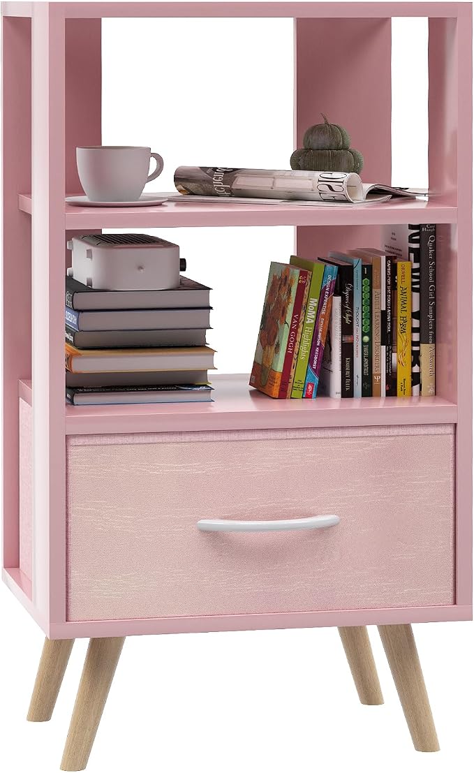 Aenuert Night Stand, Pink Nightstand with Drawer, Side Table with Open Storage, 3-Tier Modern End Table, Bedside Table for Small Space, Living Room, Bedroom