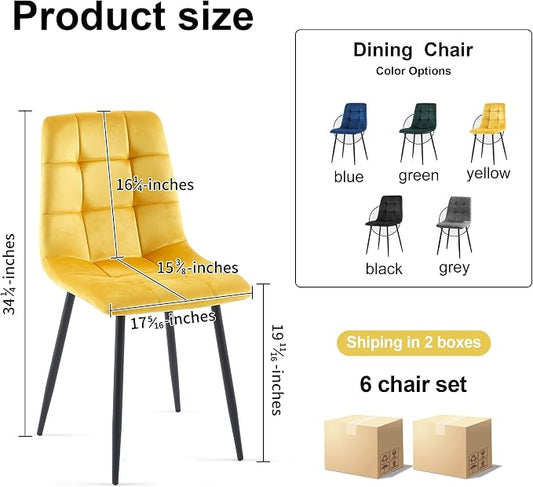 NORDICANA Yellow Velvet Dining Chairs Set of 6, Upholstered Tufted Kitchen Chairs, Comfortable Seat, Metal Leg, Easy Assembly