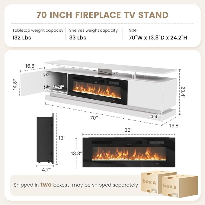70" Fireplace TV Stand, Modern Entertainment Center for TVs Up to 80", TV Console with Storage Cabinets, Media Console for Living Room, WI-FI Enabled White TV Stand and Black Fireplace