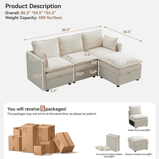 80" Cloud 3 Seater Sectional Modular Couch with Storage Ottoman, Upholstered Storage Sofa Deep Seat, Chenille L Shape Sofa Comfy Couches with Armrests for Living Room, Small Space, Beige