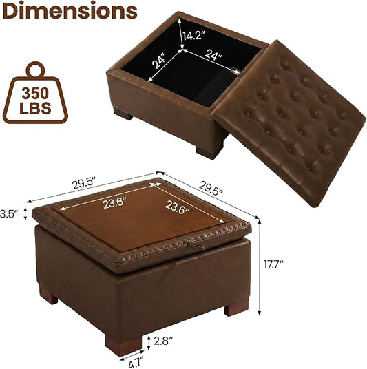 30 Inch Square Storage Ottoman Coffee Table, Modern Tufted Upholstered Ottoman with Flip Tray and Solid Wood Legs, Suitable for Living Rooms, Faux Leather Coffee