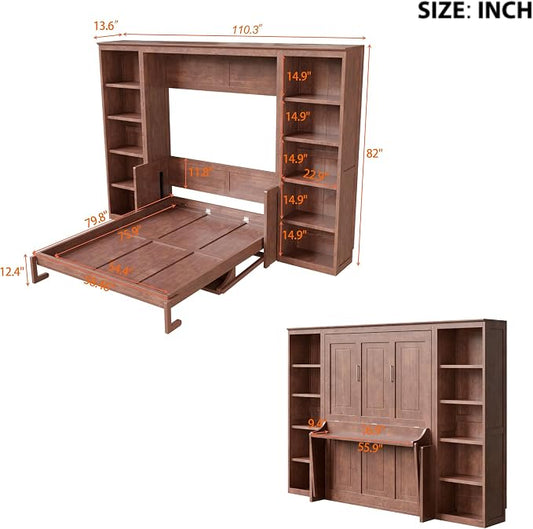 MERITLINE Full Murphy Bed with Desk and Storage Shelves, Solid Wood Vertical Murphy Wall Bed Cabinet with Storage Bookshelves Bookcase for Living Room, Guest Room (Full,Dark Brown)