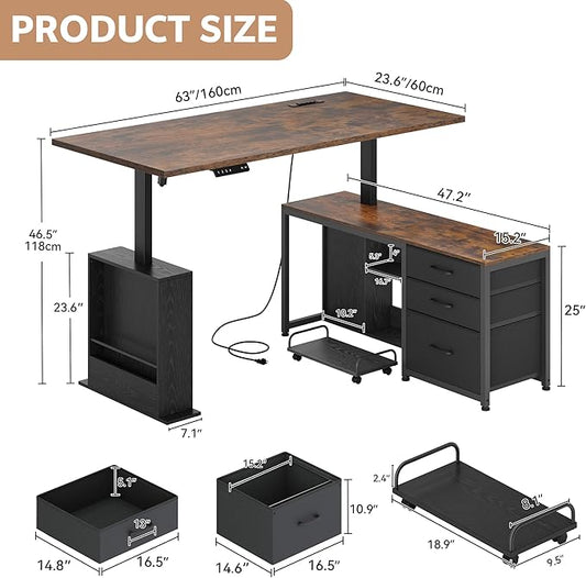 63 Inch L Shaped Desk with 3 Drawers Electric Standing Desks with Storage Computer Table Adjustable Height with Power Outlets 4 Memory Presets for Home Office, Rustic Brown
