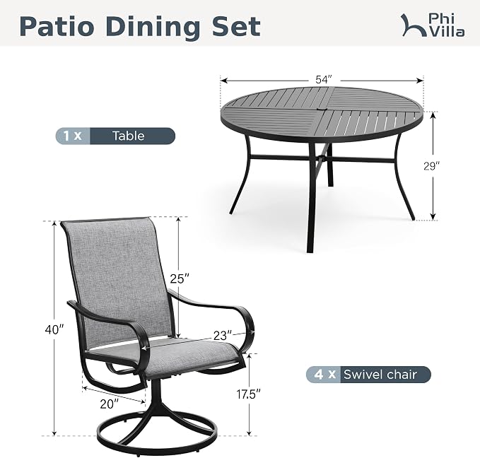PHI VILLA 7 Piece Outdoor Patio Dining Set with 6 Swivel Dining Chairs & 1 Large Round Dining Table, Gray Textilene Mesh Fabric Chair and 54" Metal Table for All Weather