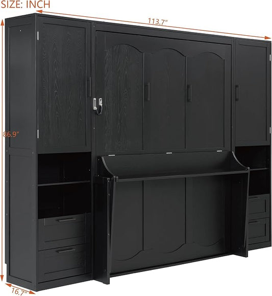 Merax Queen Size Murphy Bed with Desk, Closet, Drawers and Shelves, Fold into The Wall, Space-Saving Foldable Wood Platform Bed Frame for Small Spaces Studio Study Office Guest Room, Black(Oak Veneer)