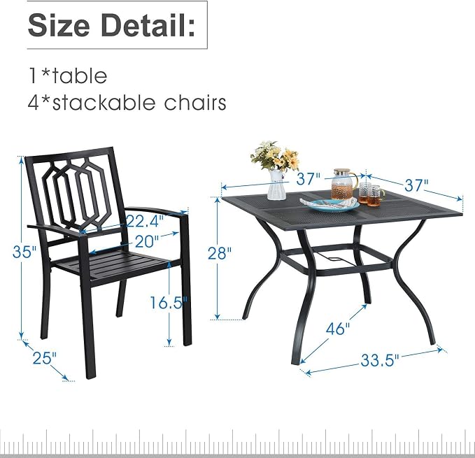 PHI VILLA 5 Pieces Outdoor Dining Set for 4, 37” Black Square Metal Steel Table with Mesh Top & Stackable Wrought Iron Chairs, Outside Furniture Set for Patio, Deck, Backyard, Porch