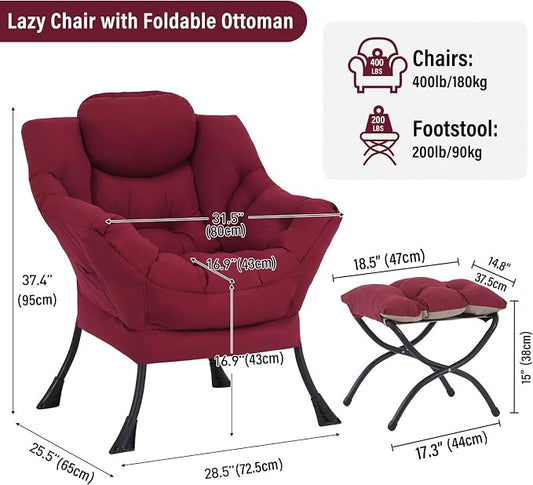 Furlide Lazy Chair with Ottoman, Modern Accent Chairs with Folding Footrest, Burgundy Sofa Chair Set, Comfortable Reading Chairs, Oversized Armchairs for Bedroom, Study, Living Room, Courtyard