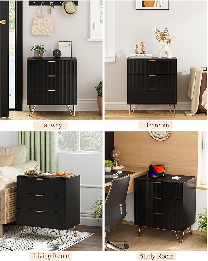 Fluted 3 Drawer Dresser for Bedroom, Modern Storage Bedroom Dresser Chest Cabinet Organizer with Anti-Tip Hardware for Living Room, Dressing Room, Kids Room, Office (Black)