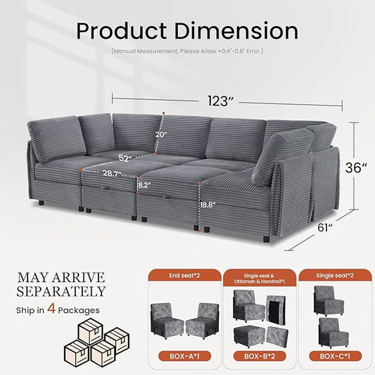 KKL 123" Modular Sectional Sofa Bed with Storage Ottoman, Convertible L/U/J-Shaped Sleeper Couch Plush Wide-Wale Corduroy for Living Room, Apartment, Modern Design, Gray