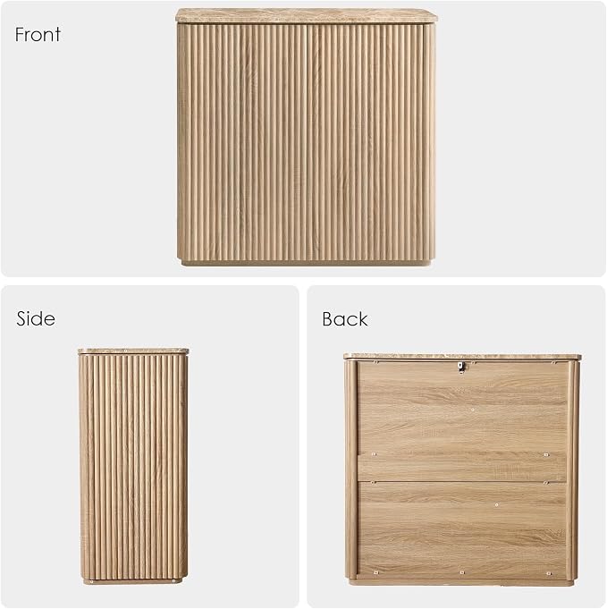 Fluted 2 Doors Sideboard Cabinet with Storage, 34" Wooden Credenza with Shelves, Faux Marble-Top Coffee Bar Console, Modern Buffet Cabinet for Dining, Kitchen, Living Room, Entryway, Natural Oak, 2pcs