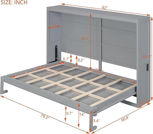 Ball & Cast Murphy Bed Full Size,Wall Beds with Charging Station and Storage Top,Slat Support,Wood Hideaway Cabinet Bedframe w/Leg,can be Folded,Space-Saving,for Small Room,Dorms,Gray