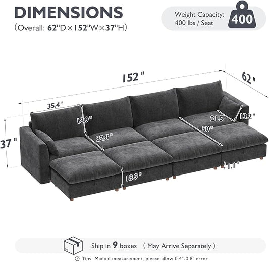 Ihanherry 152" Oversized Modular Sectional Sofa, Modern Cloud Couch with 4 Storage Ottoman, 8-Seat Comfy Chenille Deep Seat Sofa with 2 Pillows for Living Room, Grey