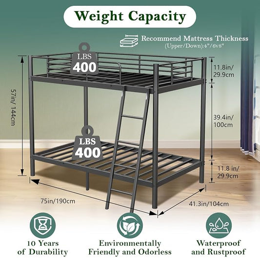 Bunk Bed Twin Over Twin with Safety Guardrail & Ladder,Space Saving Twin Bed Frames for Kids Teens and Adults,Heavy Duty Metal Bunk Bed for School Bedroom,No Box Spring Needed(Black)