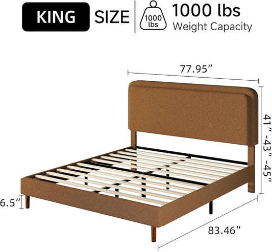 King Size Boucle Platform Bed Frame with Adjustable Headboard, Upholstered Cloud Bed, Solid Wooden Legs, No Box Spring Needed, Easy Assembly, Brown