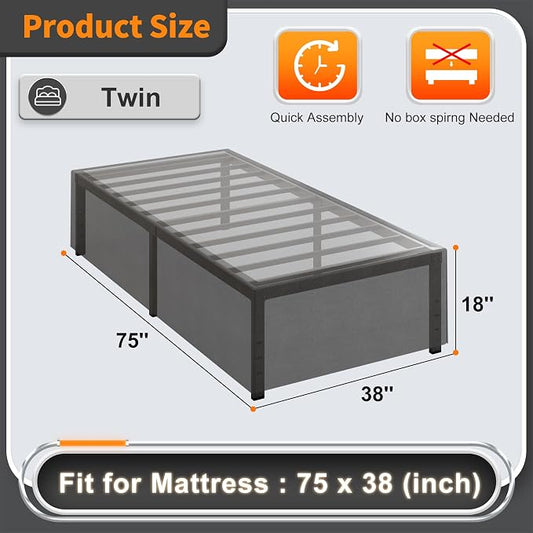 Cieemine 18 Inch Twin Bed Frames with Black Bed Cover, Metal Twin Size Bed Frame No Box Spring Needed, Heavy Duty Mattress Foundation, Easy Assembly, Noise Free