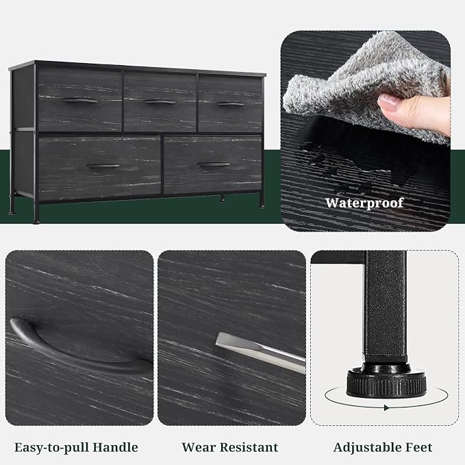 5-Drawer Dresser for Bedroom, Anti-Tip Wide Storage Organizer Fabric Chest of Drawers TV Stand for 45" TV with Wooden Top and Metal Frame for Closet, Living Room, Hallway, Entryway, Charcoal Black