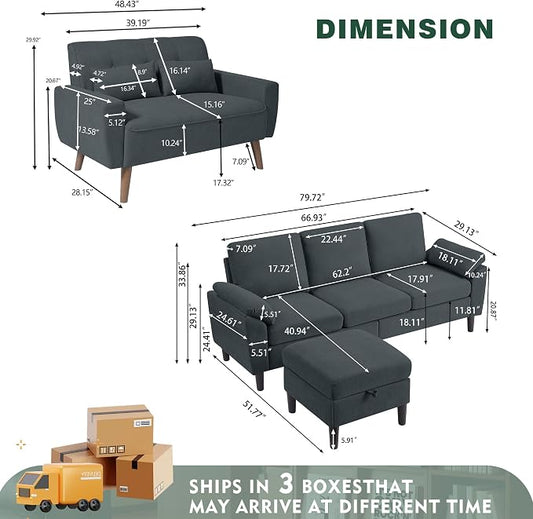 79" Convertible Sectional Sofa Set, Modern Linen Small L Shaped Couch with Reversible Ottoman and Loveseat, 3-Seat Sofa Couches for Living Room, Office, Apartment, Dark Grey