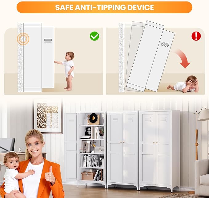 61" Tall Kitchen Pantry Storage Cabinet with 2 Doors and 4 Adjustable Shelve, Metal White Food Pantry Cabinet, Kitchen Cabinet Storage Unit,5 Tier Freestanding Cupboard for Kitchen Dining/Living Room