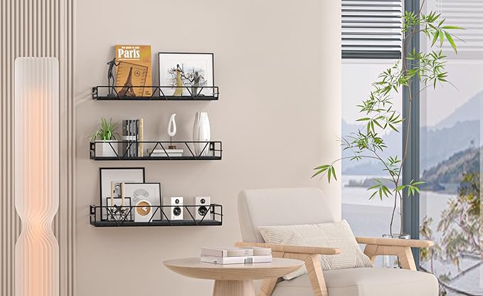 Amaoot Floating Shelves Set of 3, Home Wood Wall Shelf, Farmhouse Shelf for Bedroom, Wall Mounted Floating Shelf for Living Room, Bedroom, Bathroom, Kitchen, Office (Black 2)