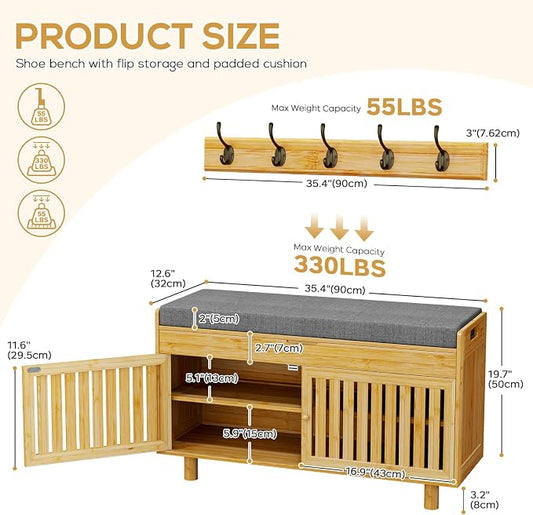 Shoe Storage Bench Coat Rack Set, 35.4" Bamboo Shoes Bench with Lift Top Hidden Storage & Wall Hooks, Hall Tree Entryway Bench with Seat Cushion, 2-Tier Shoe Cabinet for Entryway, Living Room, Bedroom
