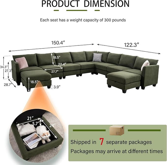 150.4" Large Sectional Couches for Living Room, 8 Seater L Shaped Modular Sectional Sofa with Two Storage Ottomans & USB, Oversized Corner Couch for Living Room(Green)