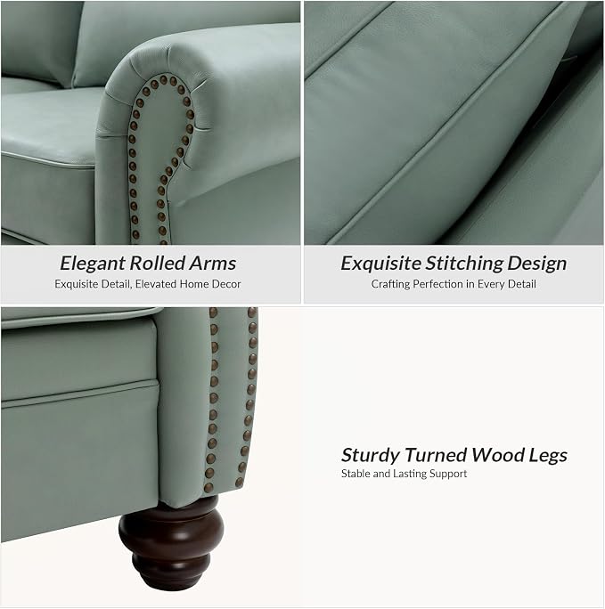 60" Wide Genuine Leather Chesterfield Loveseat, 2 Seat Leather Sofa with Rolled Arms, Nailhead Trim for Living Room Furniture, Easy Assembly – Sage