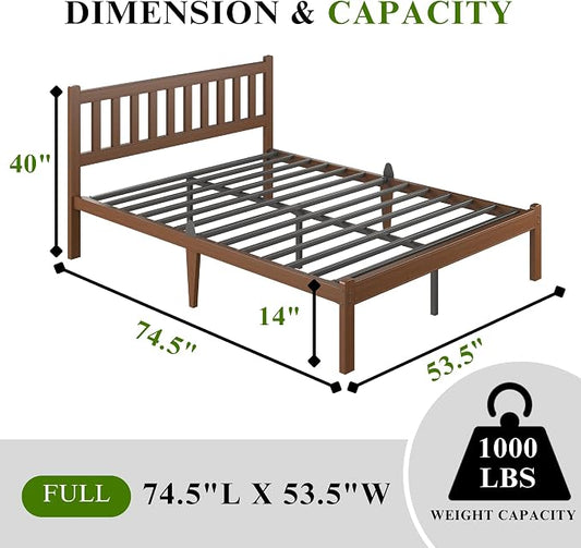 Askeld Bamboo Full Bed Frame with Headboard, 14 Inch High Wood Platform Bed No Box Spring Needed, Modern Minimalist Heavy Duty Bedframe, Easy Assembly, Noise Free, Walnut Color