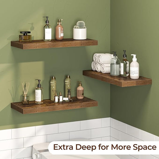 Fun Memories Floating Shelves for Wall 24 Inch Set of 3, Farmhouse Floating Shelves with Invisible Heavy Duty Bracket, 10 Inch Deep Bathroom Shelves for Storage, Living Room, Kitchen, Decor, Brown