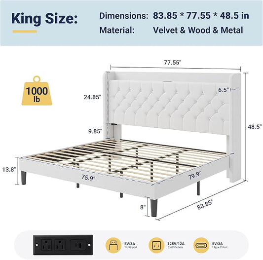 Allewie King Size Bed Frame, Storage Headboard with Charging Station, Wingback Velvet Upholstered, Diamond Stitched Button Tufted, Sturdy Wooden Slats, No Box Spring Needed, Easy Assembly, White