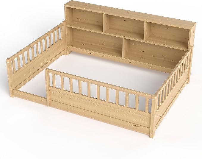 Bellemave Full Size Montessori Floor Bed with Bookcase, Full Floor Bed with High Fence and Storage Shelves, Easy Assemble Montessori Beds Frame for Girls, Boys, Natural