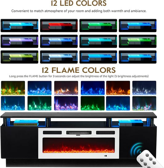 70" TV Stand for Living Room, Modern Entertainment Center & Media Console, Fits TVs up to 80", Storage Cabinet with Shelves, 36" Electric Fireplace with LED Flame
