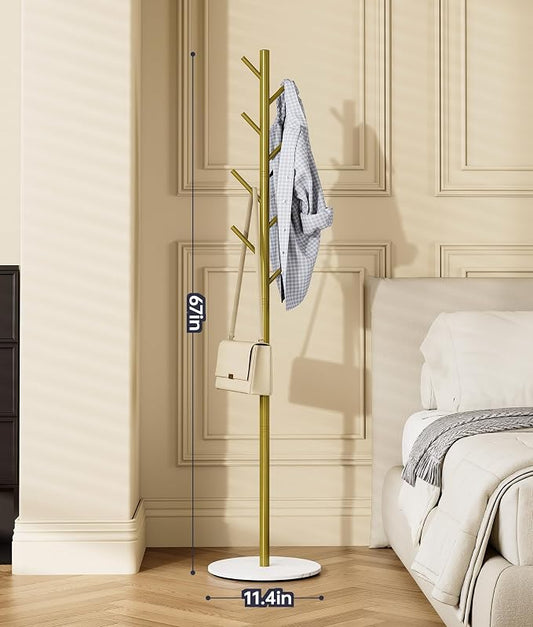 Coat Rack with 8 Hooks, 3 Adjustable Heights, Modern Hall Tree, Sturdy Metal Clothes Stand with Sintered Stone Base for Entryway, Office, Bedroom, for Coats, Hats, Handbags and Scarves, Gold