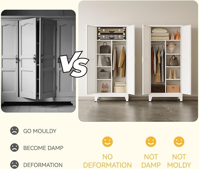 Metal armoire Wardrobe Closet with Hanging Rod,71'' Metal Wardrobe Cabinet with 2 Doors and 4 Adjustable Shelves, Bedroom armoires,Laundry Room cabinets,armario de ropa Closet(Modern, White)