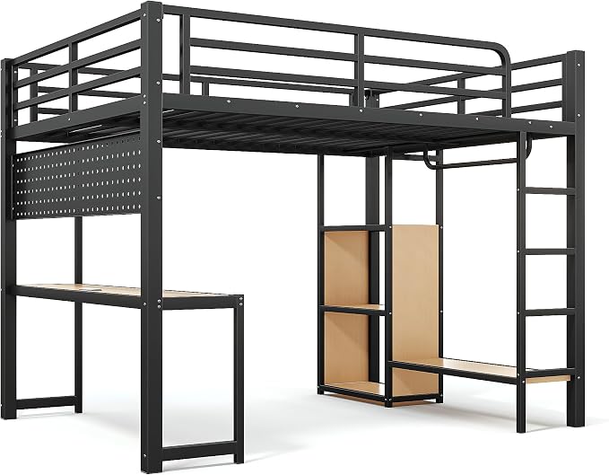 Bellemave Queen Size Loft Bed with Desk,with USB Ports, Lights, and Hanging Rod, Cave Board Design, Metal Queen Loft Bed Frame for Adults, Kids, Teens, Black