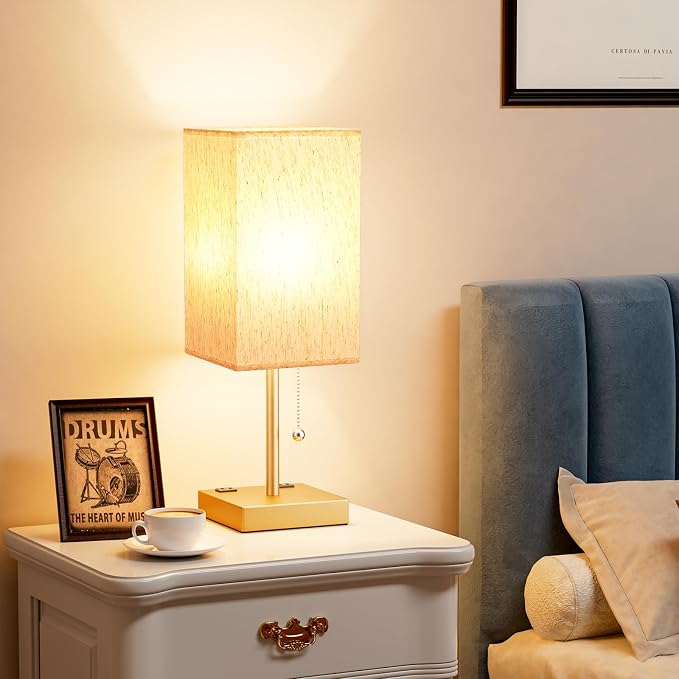 aooshine Medium Table Lamp with USB Ports - 3 Color Temperature Bedside Lamp for Bedroom, Pull Chain Control, USB A and C Ports, 2 AC Outlets, Bulb Included