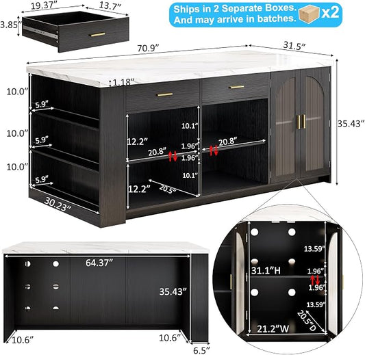 IBF 71" Large kitchen island with storage and seating, White Faux MarbleIsland Table with Drawers, Modern Stationary Island Cabinet & Fridge Space,Counter Height Island Bar for Dining Room, Black Base