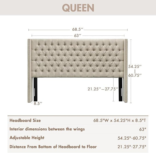 Madison Park Queen Wingback Upholstered Tufted Headboard, Featuring High-Density Sponge Padding, Adjustable Height Headboard, Easy Assembly, Beige Woven