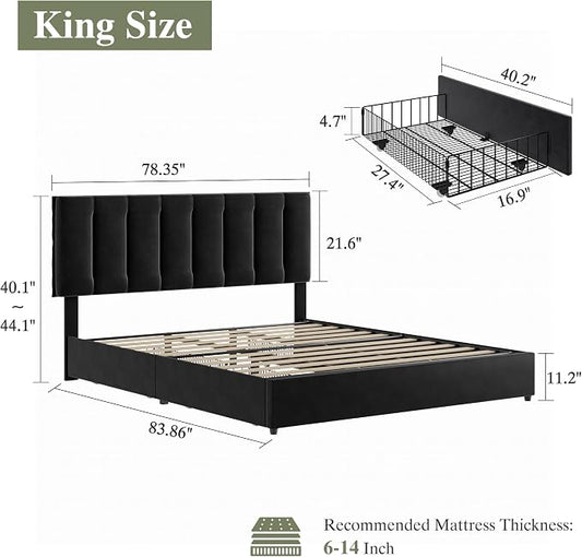 VECELO King Size Bed Frame with 4 Storage Drawers, Adjustable Height Headboard, Heavy-Duty Bedframe with Strong Wooden Slats, No Box Spring Needed, Black