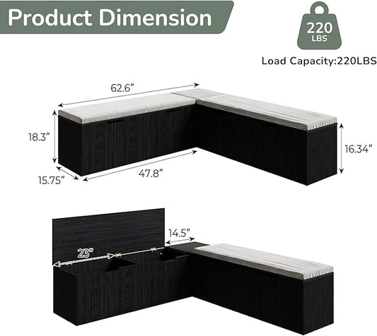 Bobve L-Shape Storage Bench with Cushion, Backless Corner Dining Bench, Kitchen Dining Nook Bench with Hidden Storage for Dining Room, Kitchen, Entryway (Black)