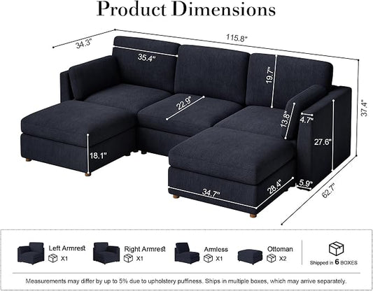Oversized Modular Sectional Sofa U-Shaped Cloud Couches Blue | 116'' Deep Seat Couch for Living Room, 5-Seater Luxury Corner sofa with Ottoman, Solid Wood Frame, Removable Washable Cover