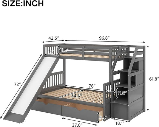 RUNNA Twin Over Full Bunk Bed with Slide,Storage Drawers,Play House,Grey | Twin over full bunk bed with slide,storage,ladder,play house design,solid wood frame,guardrails,no box spring needed,grey