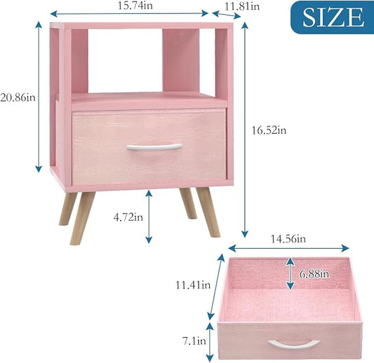 Huhote Kids Nightstand, 2-Tier Night Stand with Drawer, Modern Side Table for Bedroom, Study Room Small Spaces, Pink