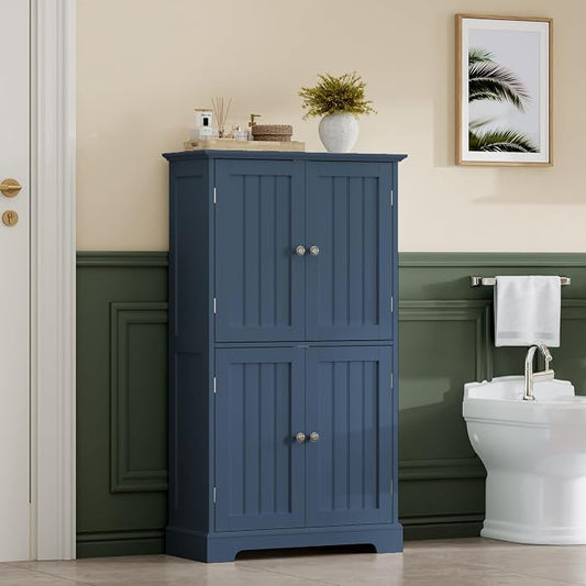 ChooChoo Bathroom Floor Cabinet, Modern Bathroom Storage Cabinet with 4 Doors and Adjustable Shelves, Freestanding Cupboard for Living Room, Blue